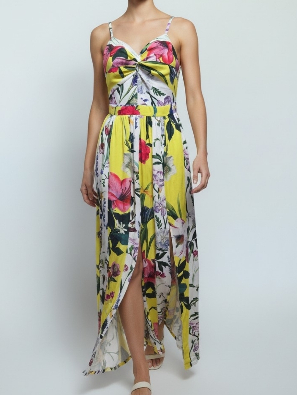 Fashion Nova Yellow Floral Twist Front Maxi Dress  Boho Summer Slit Size XS